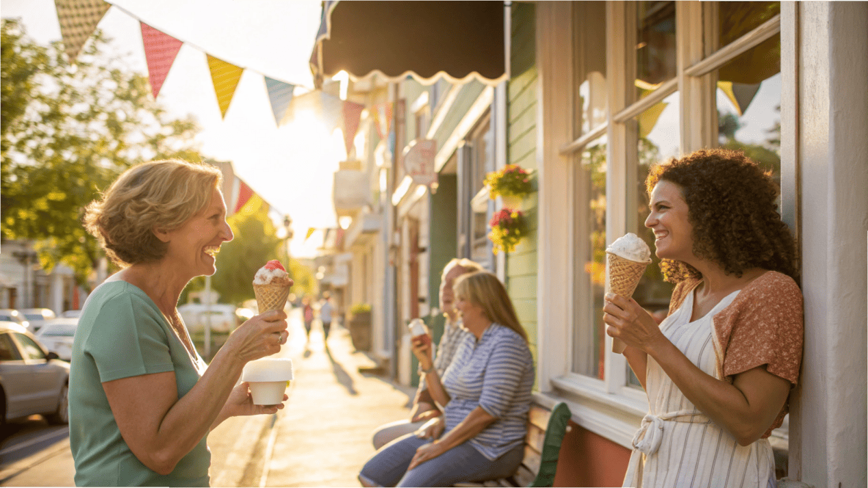 A charming small-town ice cream shop with happy customers enjoying treats outside.