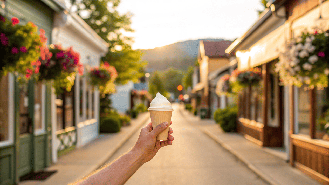 A person walking down a small-town street holding a brightly branded ice cream cup.