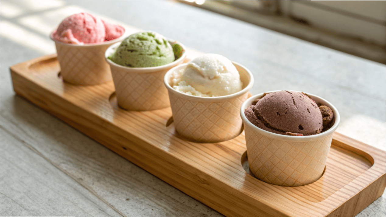 An attractive "ice cream flight" with four small paper cups of different flavors on a tray.