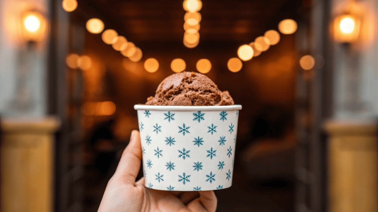 A cozy winter scene with a person enjoying a hot brownie a la mode from a cup with a snowflake design.
