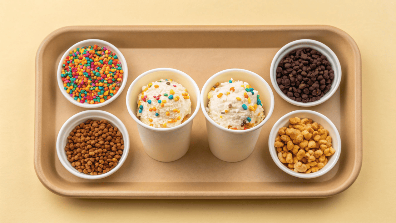 A "Family Sundae Kit" bundle with two pints of ice cream, small cups of toppings, and branded paper bowls.