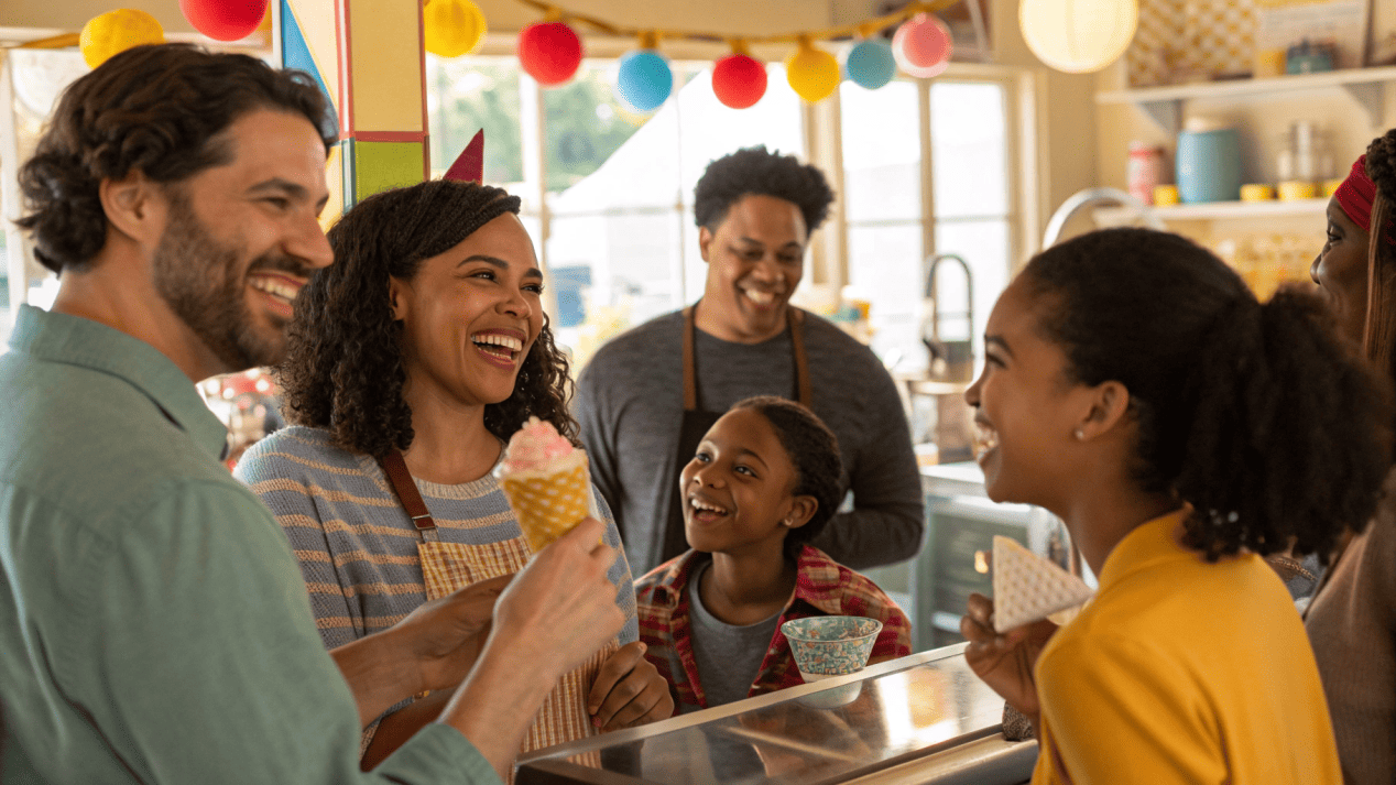 A happy crowd gathered at an ice cream shop for a local charity fundraiser event.
