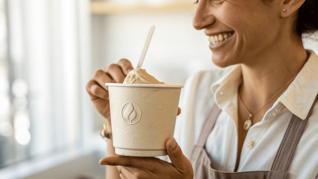 A customer holding a sturdy, elegantly branded ice cream cup, looking happy with their purchase.