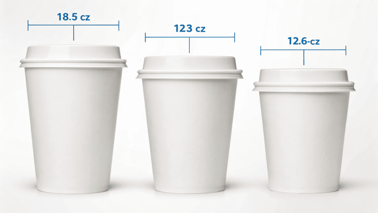 A diagram showing how one lid size can fit multiple different cup sizes, simplifying inventory.