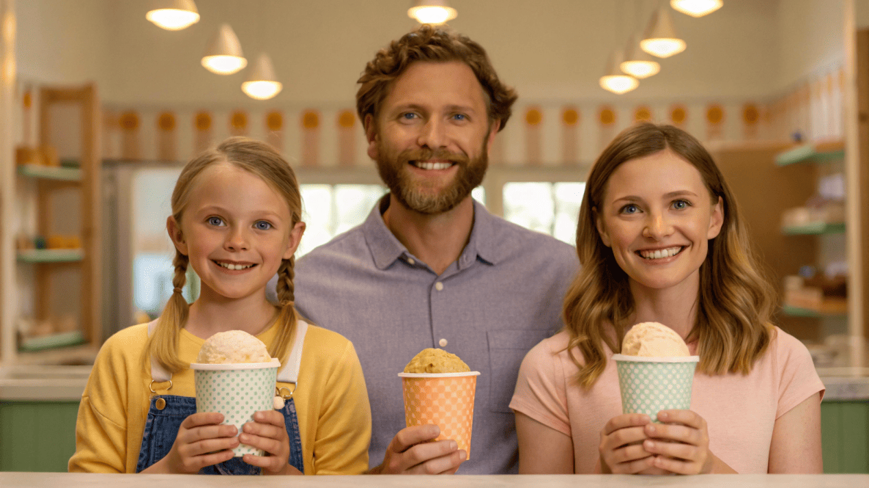 An inviting small-town ice cream shop with happy families holding branded cups.