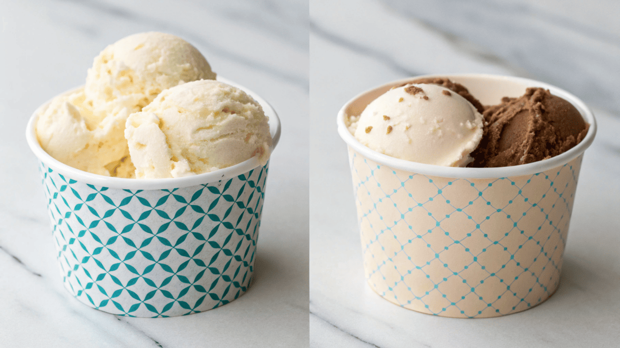 A split image showing plain ice cream versus the same scoop in a beautiful, branded cup.