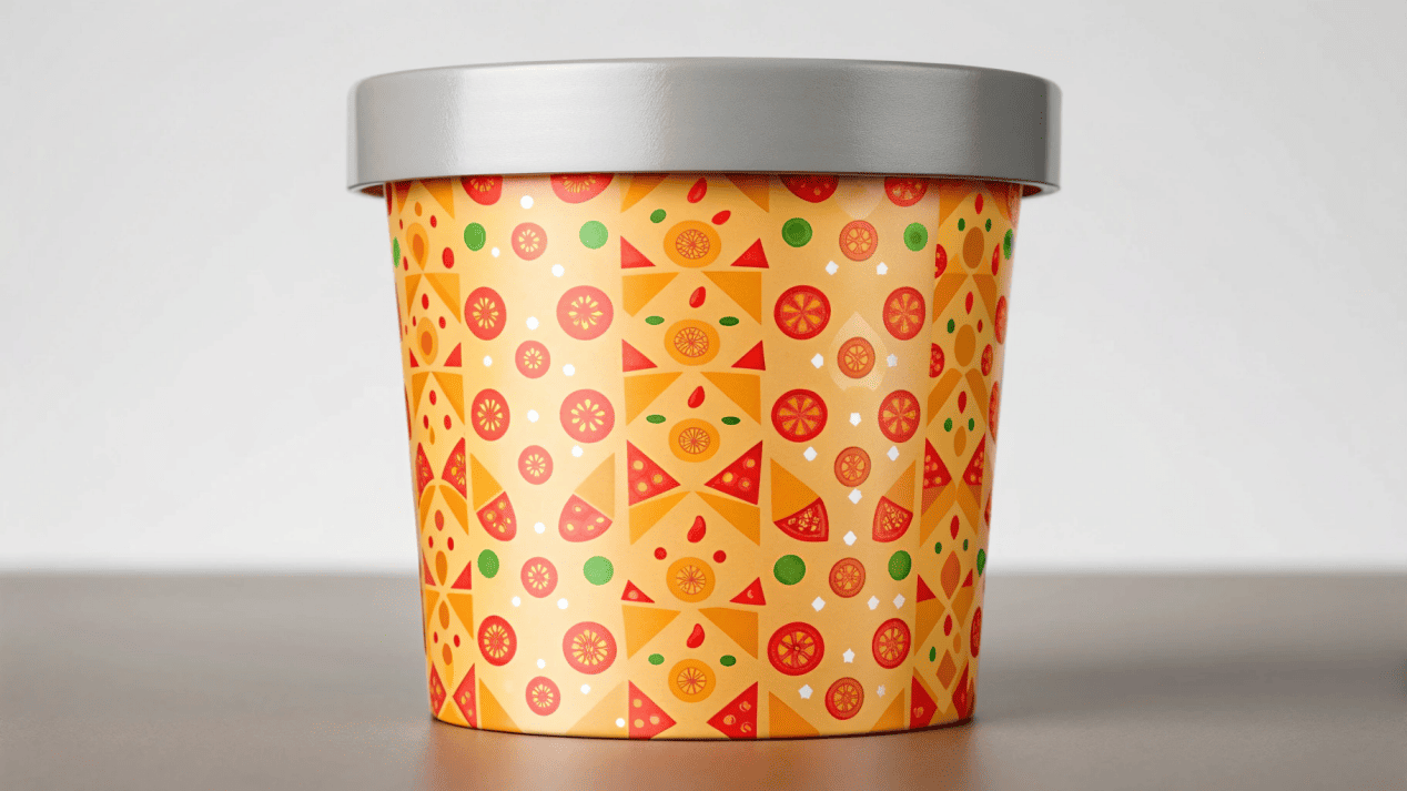 An ice cream pint container with a printed coupon for a local pizza shop.