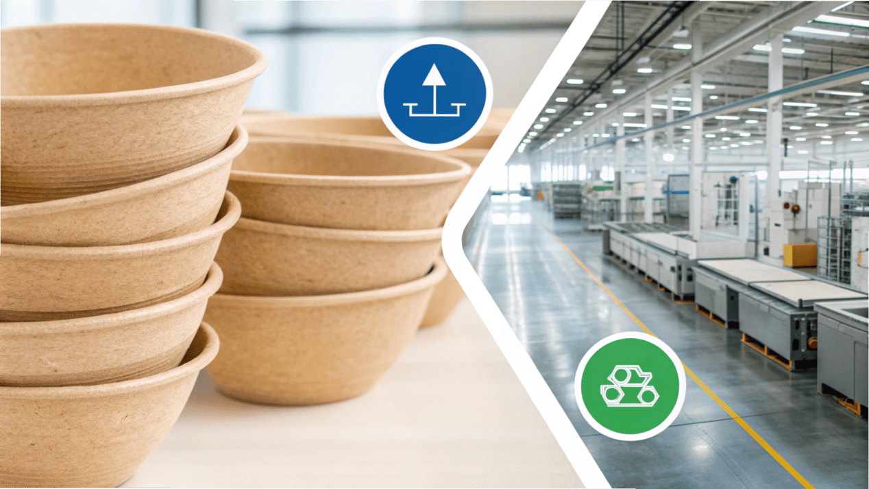 A collage of high-quality kraft paper bowls, a factory floor, and quality certification logos.