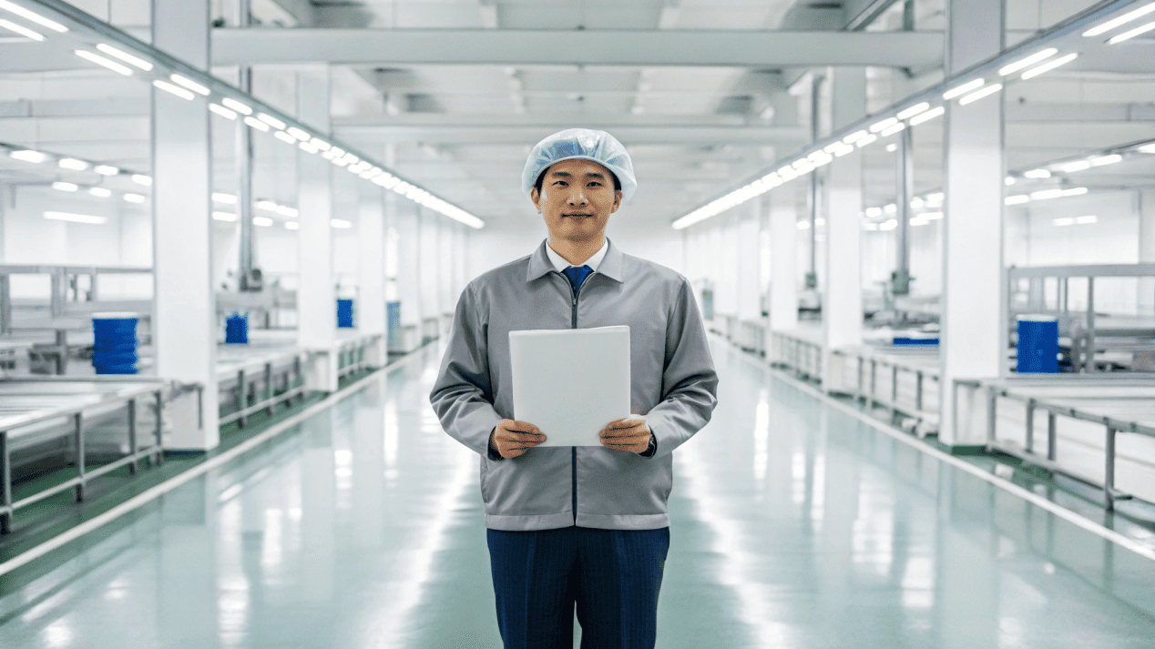 A factory manager showing off BRC and FDA certification documents.