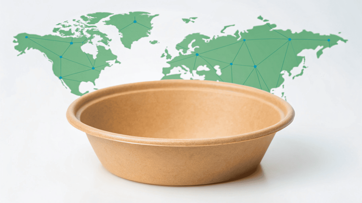 An infographic showing trends: a plastic-free symbol, a global map with shipping routes, and a bowl with unique custom printing.