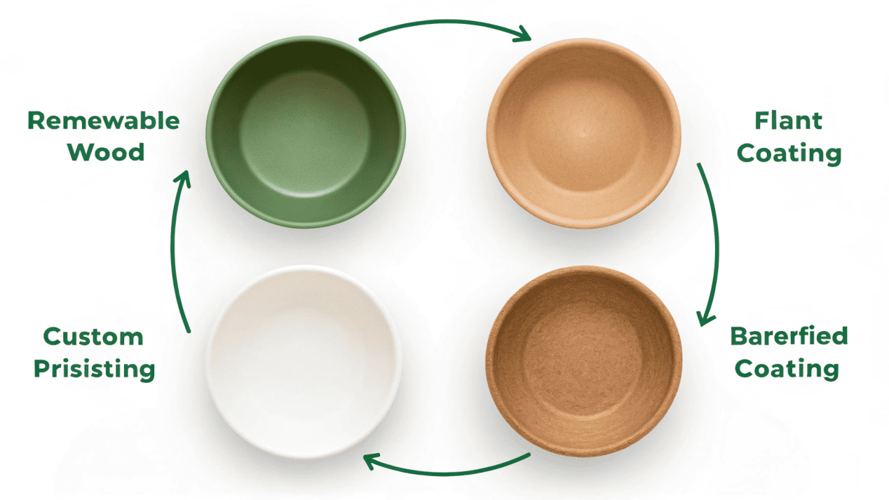 A diagram showing the four key stages of manufacturing an eco-friendly paper bowl: forest, coating, branding, composting.