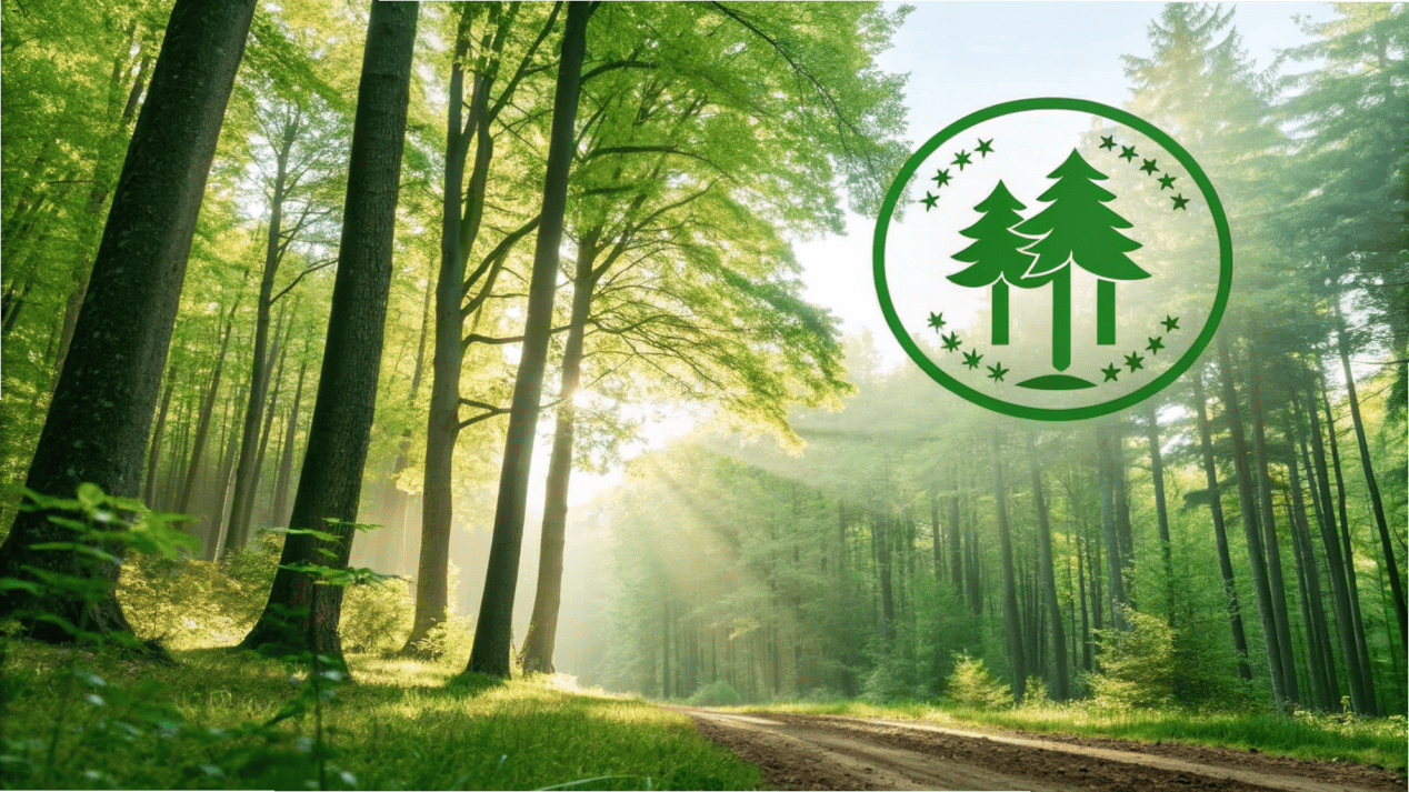 The FSC (Forest Stewardship Council) logo next to a healthy, green forest.