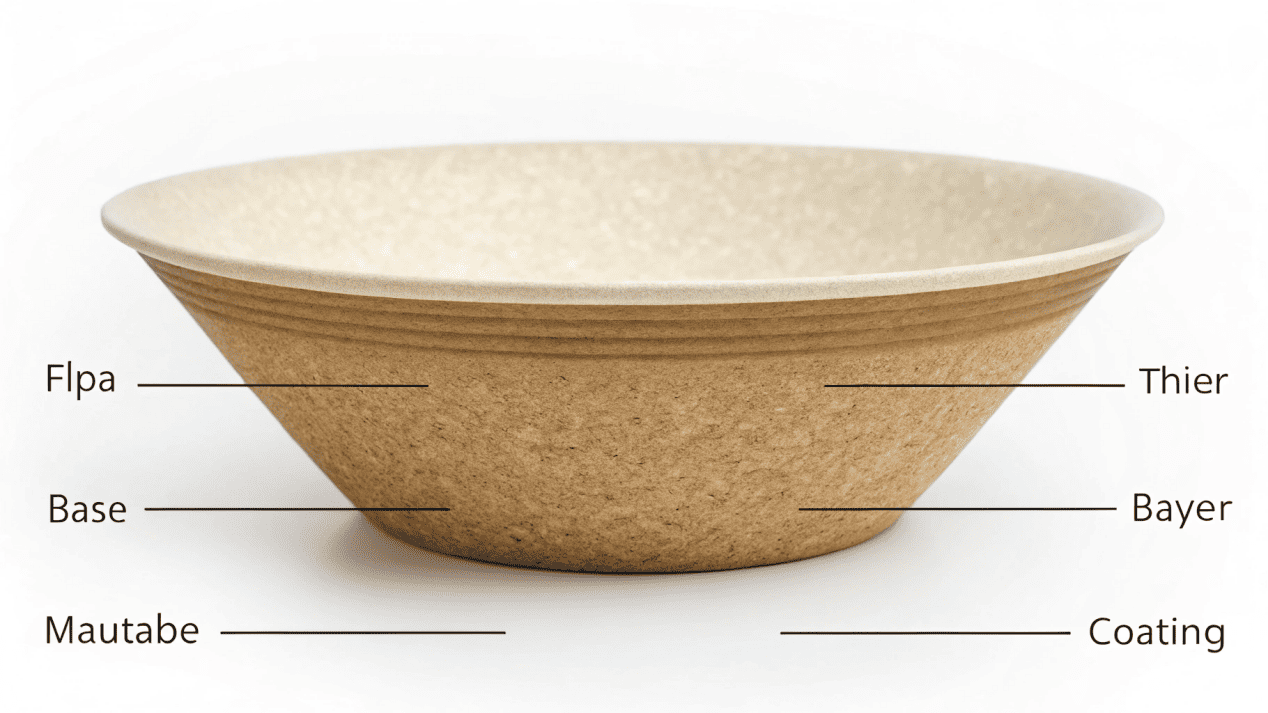A magnified cross-section of a bowl wall, showing the paper fibers and the thin PLA coating on top.