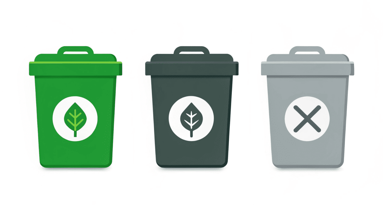 Icons representing the correct disposal method (organics bin) versus incorrect ones (landfill, recycling).