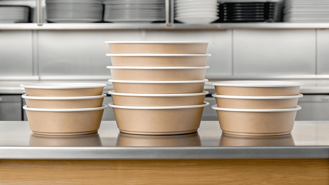 A well-organized kitchen prep line with neatly stacked paper bowls in three different sizes.