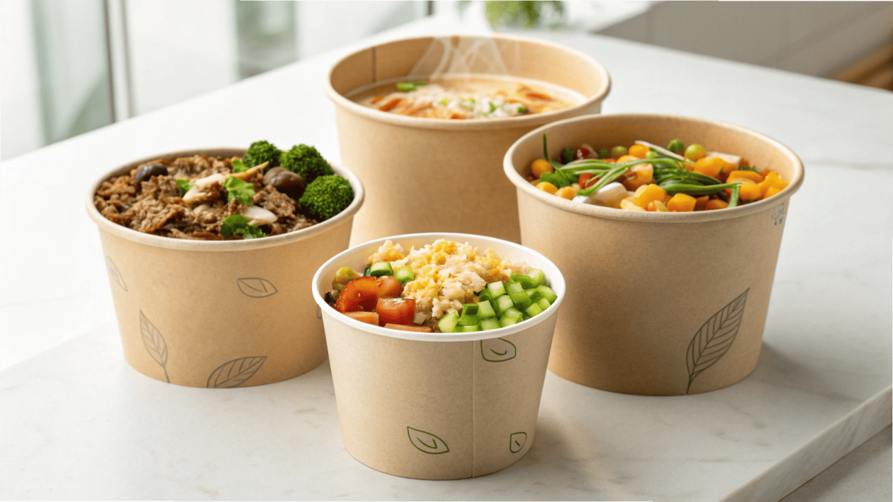 Three paper bowls of different sizes, each filled with an appropriate food item: a side soup, a standard grain bowl, and a large poke bowl.