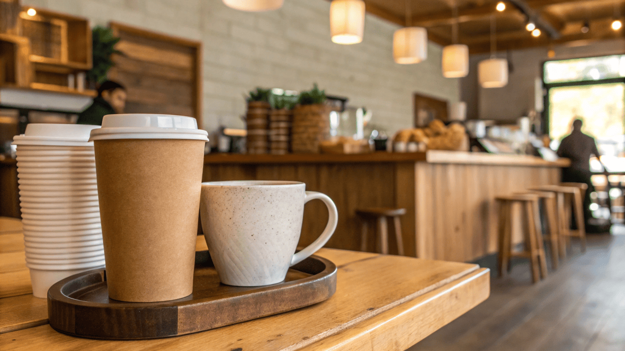 A graphic comparing a PE-lined cup (trash) to an Aqueous-coated cup (recyclable).