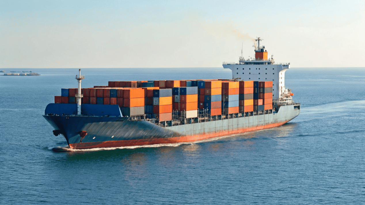A large container ship on the ocean, with graphics showing an efficiently packed container.