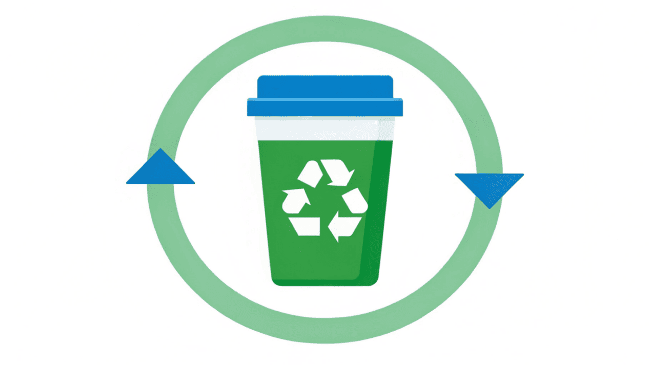 An icon showing a paper cup going into a recycling bin, leading to a new paper product, creating a virtuous cycle.