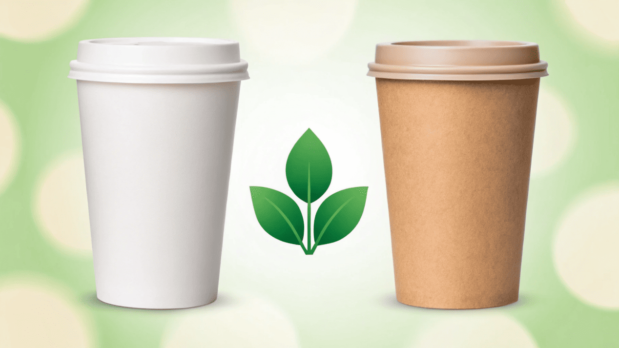 An infographic showing a PE-lined cup going to a landfill and a PLA-lined cup going to a compost facility.