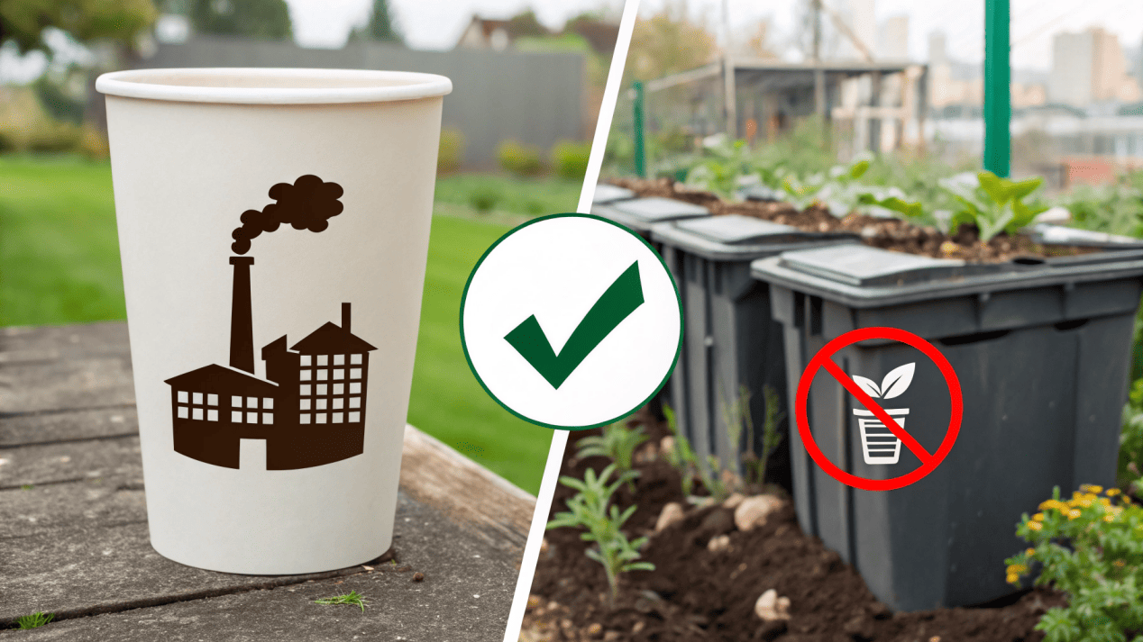 An icon showing a paper cup is okay for an industrial facility but has a 'no' symbol over a backyard compost bin.