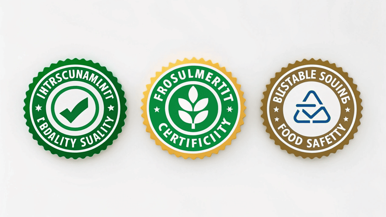 Official logos of BRC, ISO 9001, and FSC certifications.