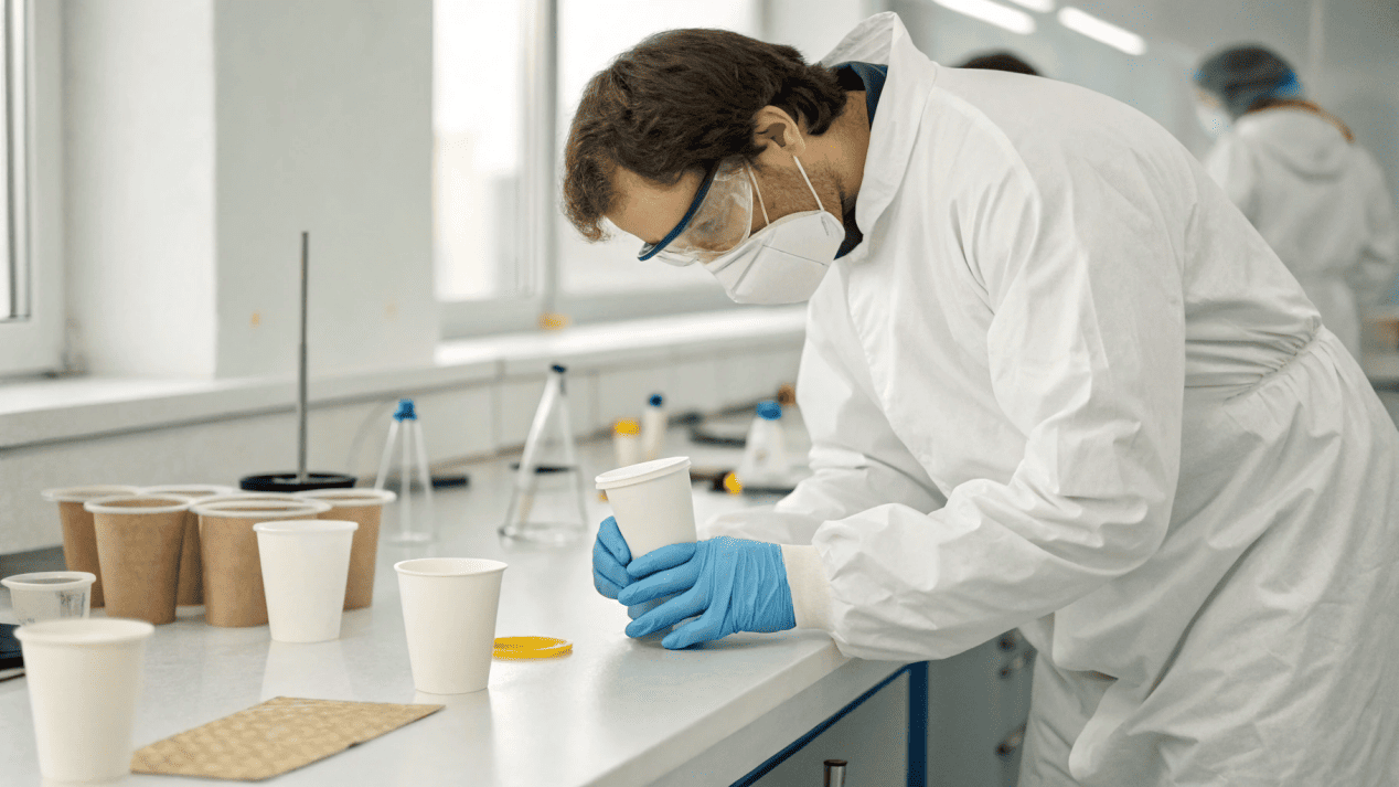 A lab technician in a clean coat testing a paper cup for safety.