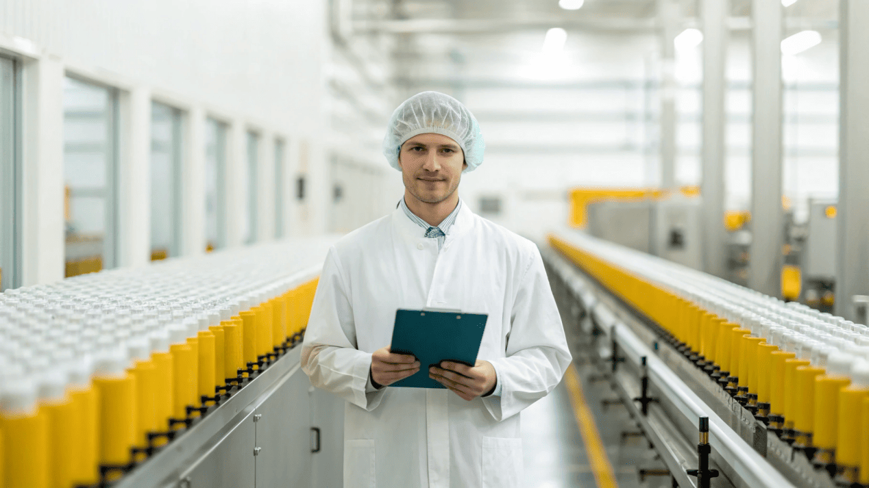 A client in a hairnet and lab coat auditing a clean and modern paper cup factory floor.