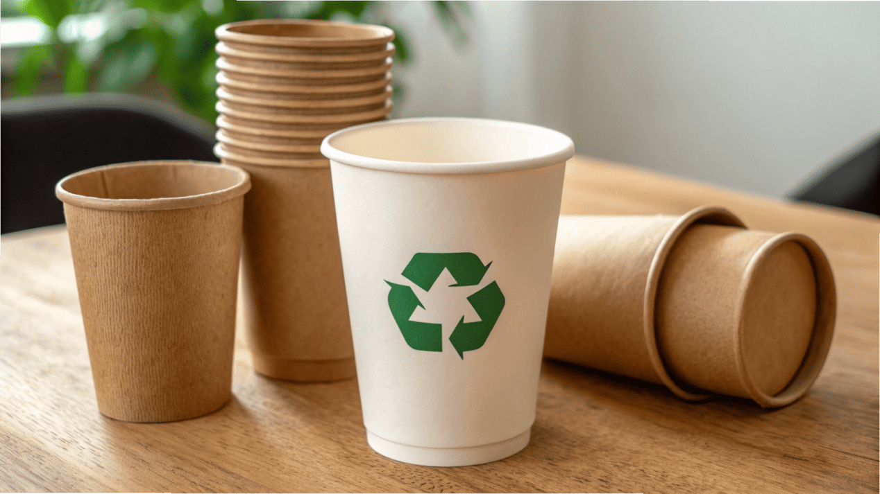 A pile of traditional paper cups next to a single, clean, recyclable paper cup with a green recycling symbol.