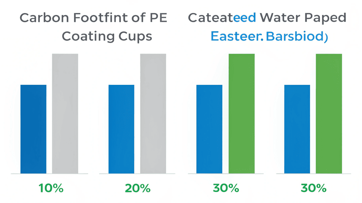 An infographic showing the carbon footprint of a PE-lined cup vs. an aqueous coated cup.