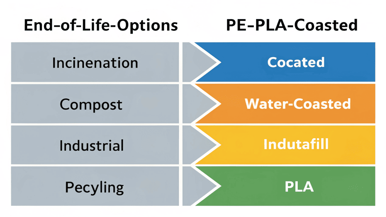 A chart comparing the end-of-life options for PE, PLA, and Aqueous coated cups.