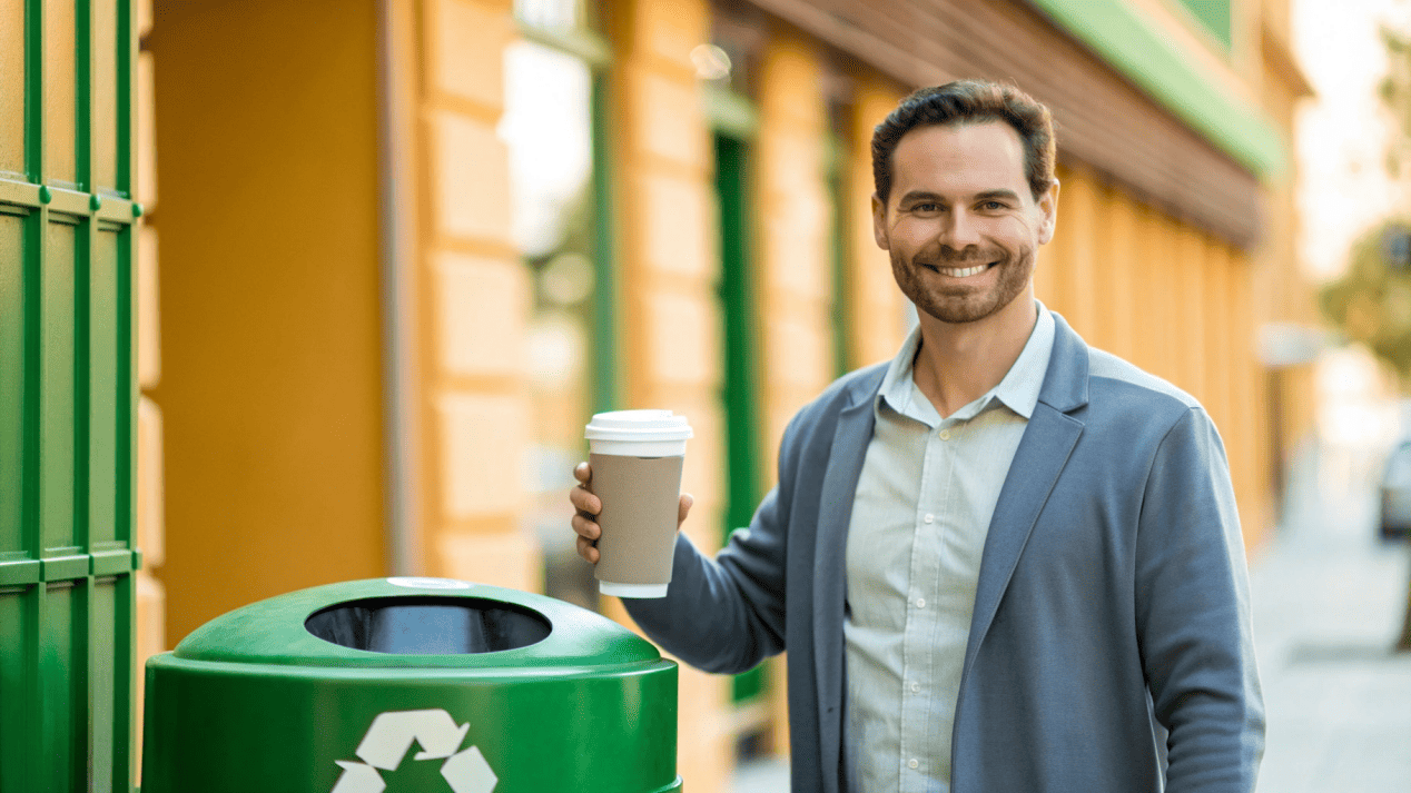 A customer confidently placing a clearly marked plastic-free paper cup into a recycling bin.