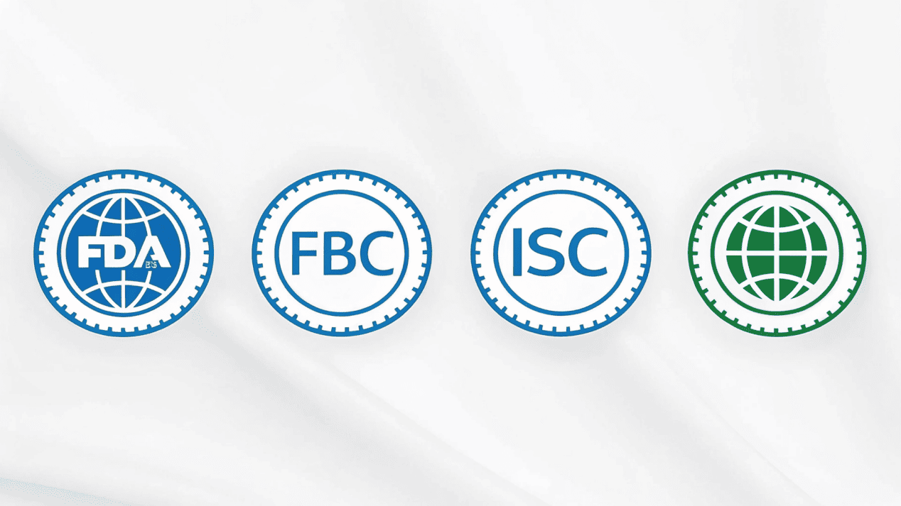 A collage of logos for FDA, BRC, ISO, and FSC certifications.
