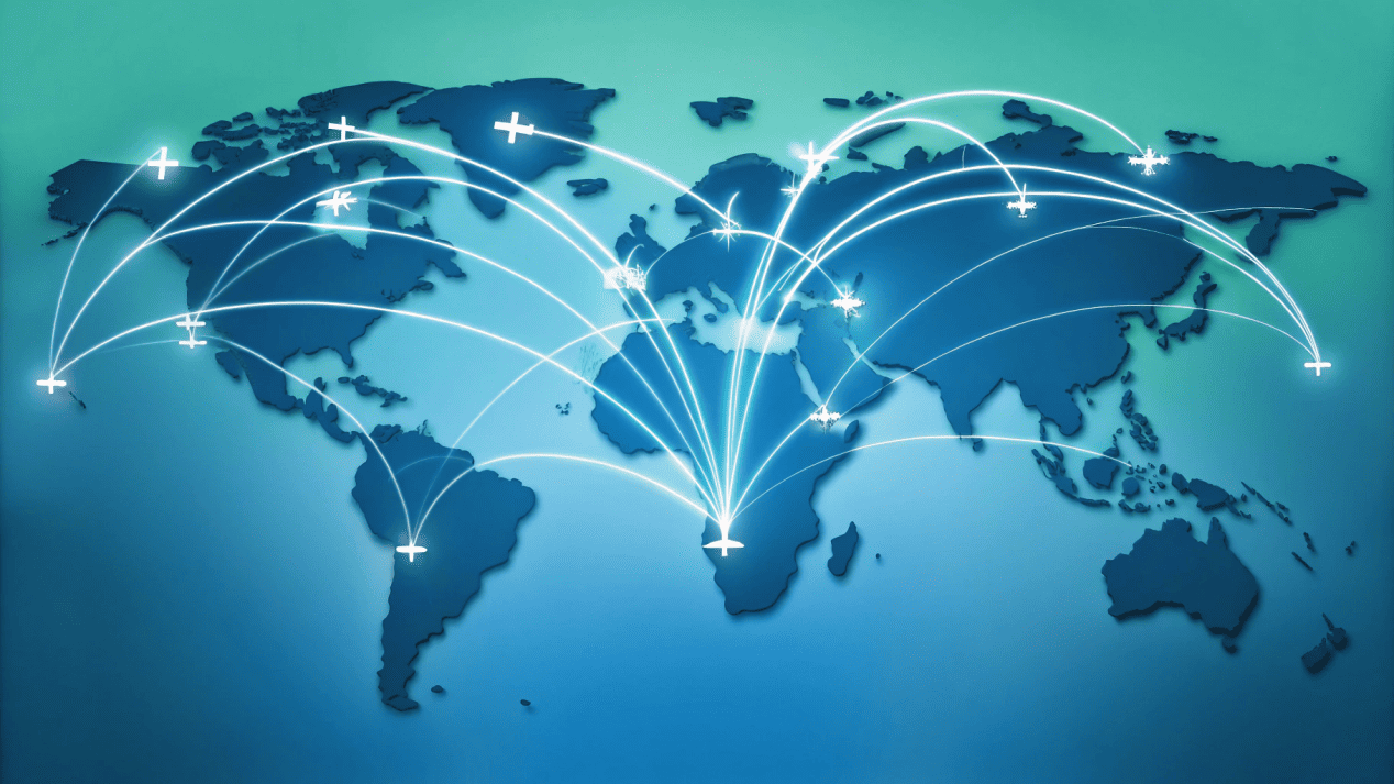 A global map with shipping routes and planes indicating fast, reliable global delivery.