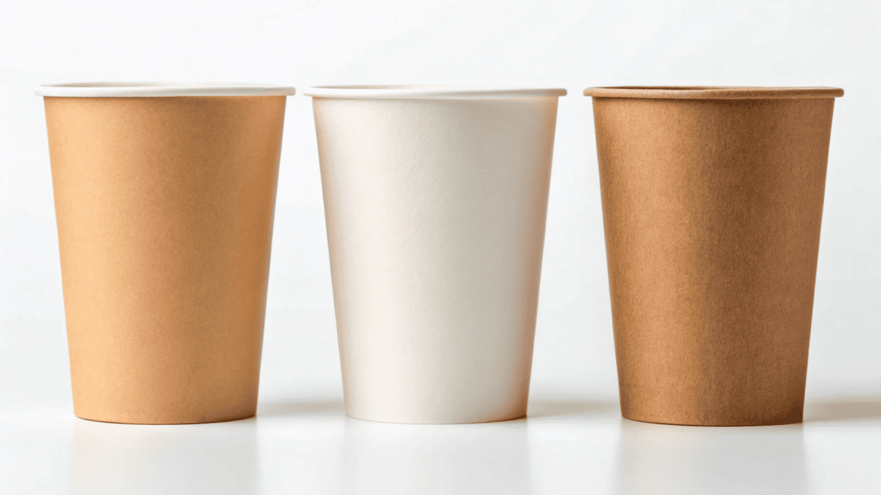 Three types of paper coffee cups (PE-lined, PLA-lined, Aqueous-coated) displayed side-by-side.