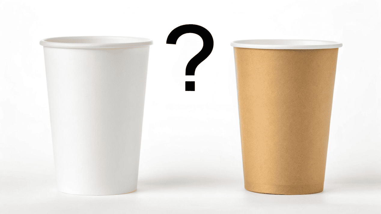 A PE-coated cup and a water-based coated cup side-by-side with a question mark between them.