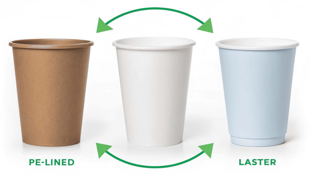 A diagram showing the end-of-life cycle for each cup type: landfill, commercial composting, and paper recycling.