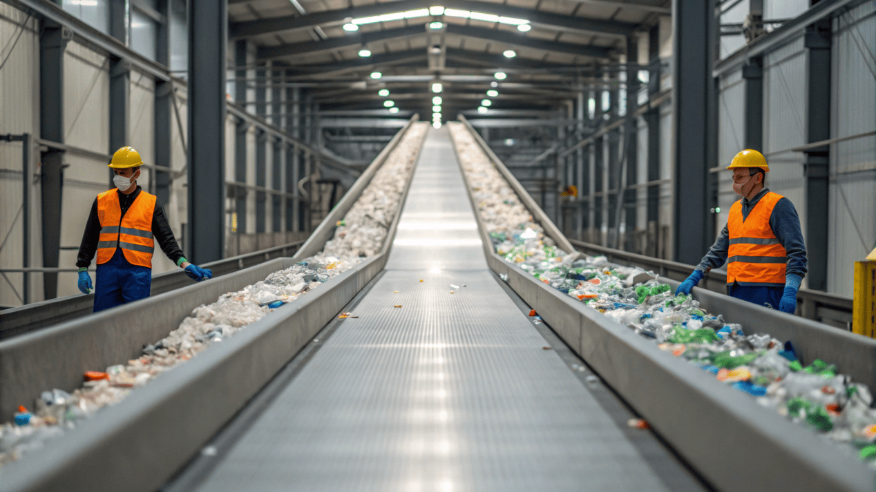 A conveyor belt inside a Material Recovery Facility (MRF) where workers and machines sort different types of waste.