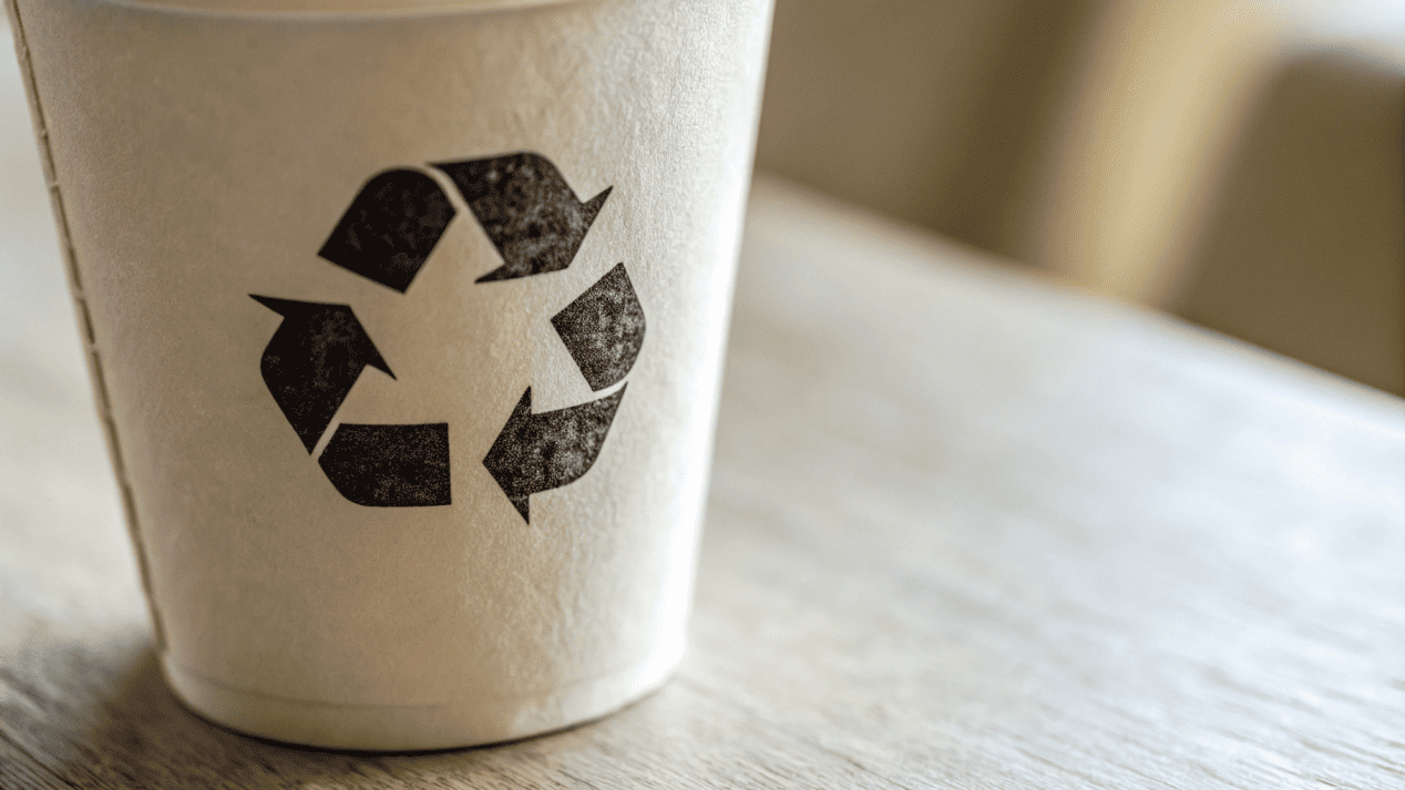 A close-up photo of the often-misunderstood chasing arrows recycling symbol on the bottom of a disposable cup.