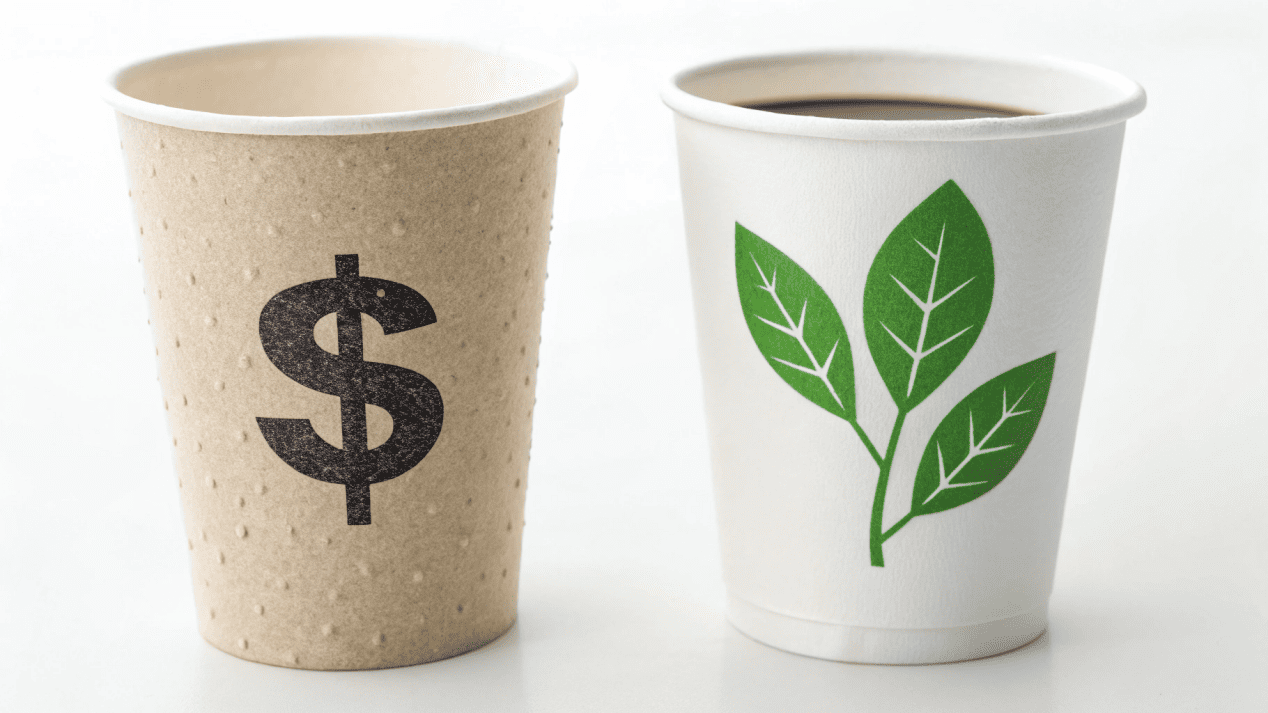 A graphic showing a PE cup with a dollar sign and a water-based cup with a leaf sign.