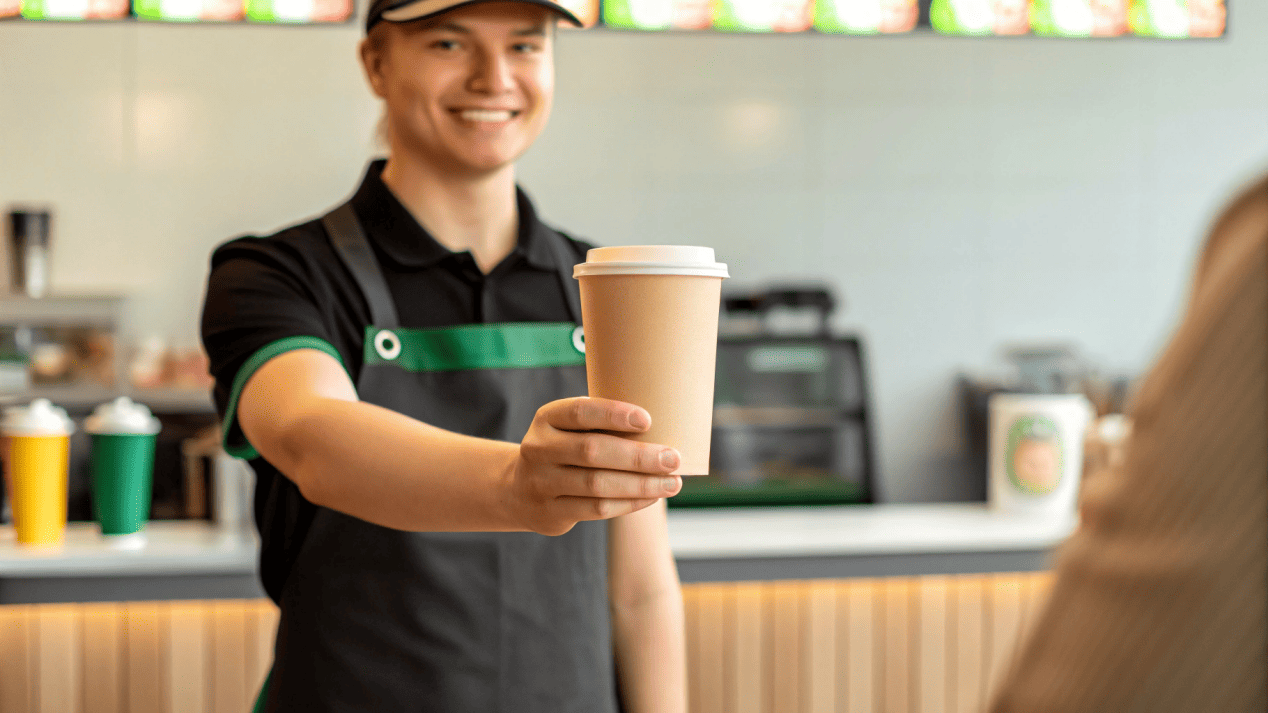 A QSR employee handing a customer a branded, eco-friendly paper cup.
