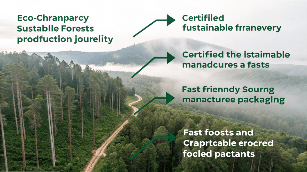 A diagram showing a transparent supply chain from a certified forest, to a factory, to a QSR.