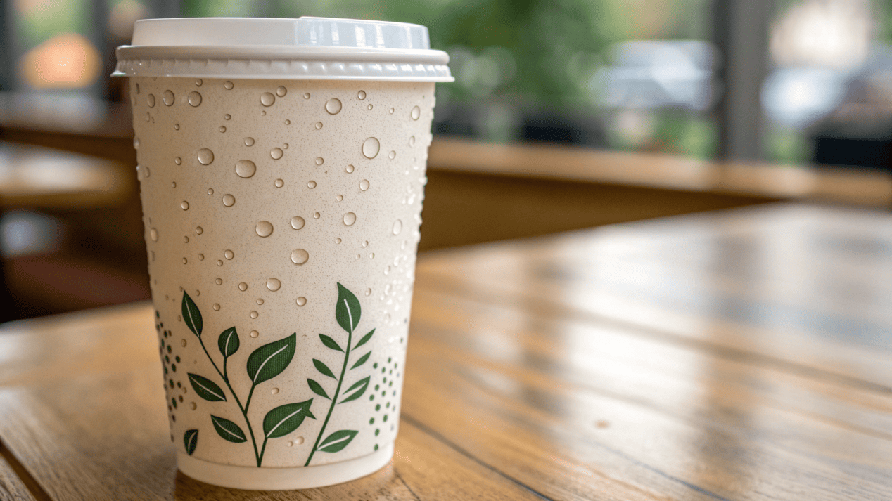 A close-up of a paper cup with a clear recycling message like '100% Plastic-Free'.