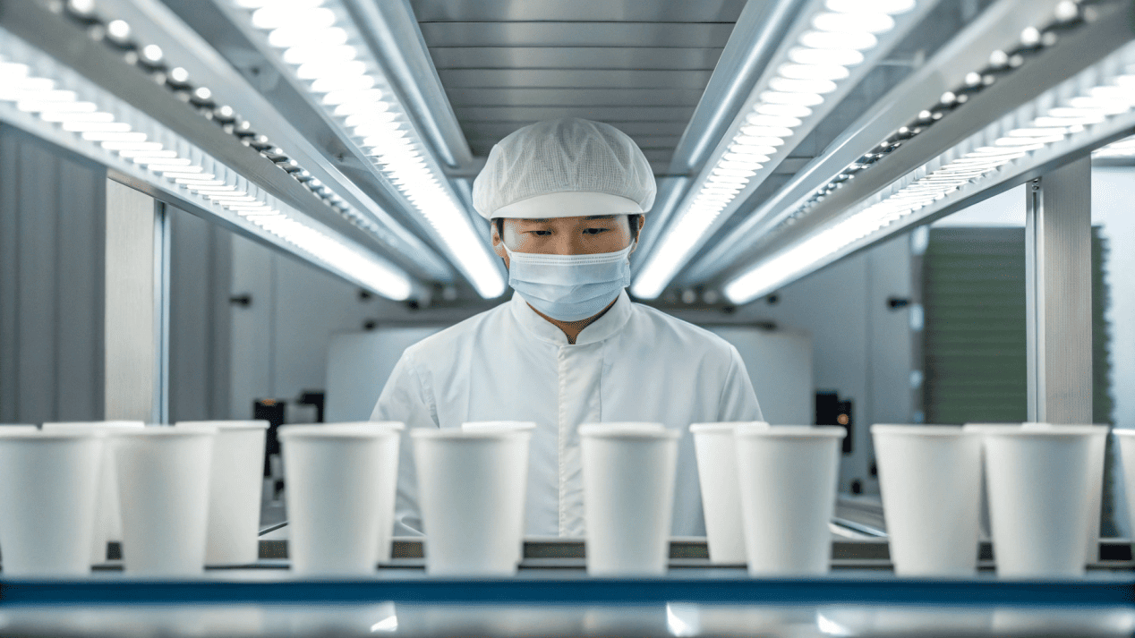 A quality control expert inspecting a food-grade paper cup in a factory setting.
