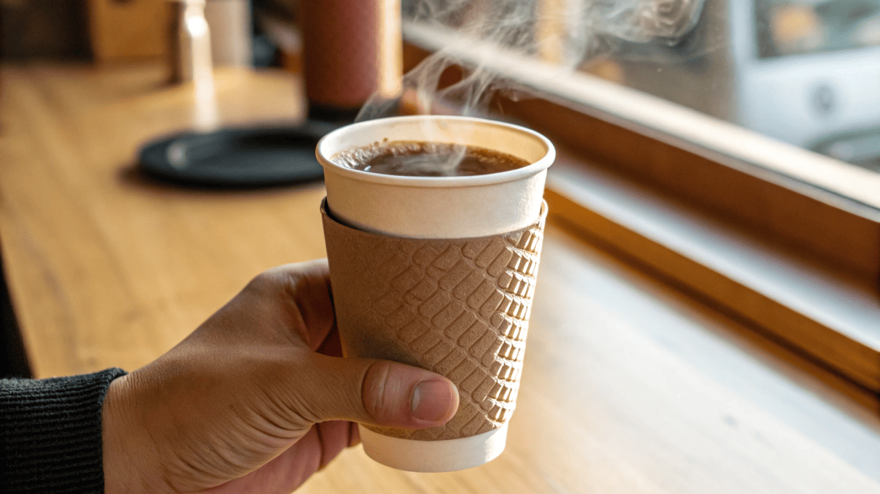 A hand holding a paper cup of hot coffee, demonstrating its sturdiness and leak-proof design.