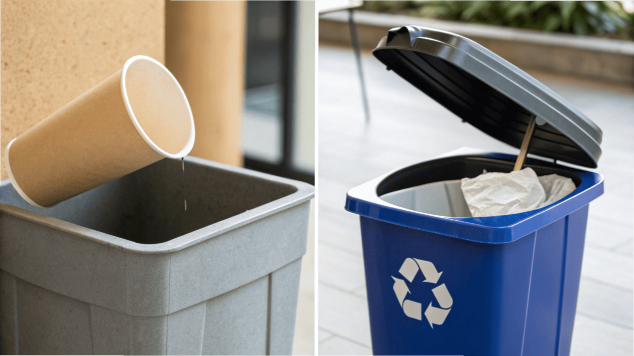 A standard paper cup falls into a trash can while a modern recyclable paper cup goes into a recycling bin.