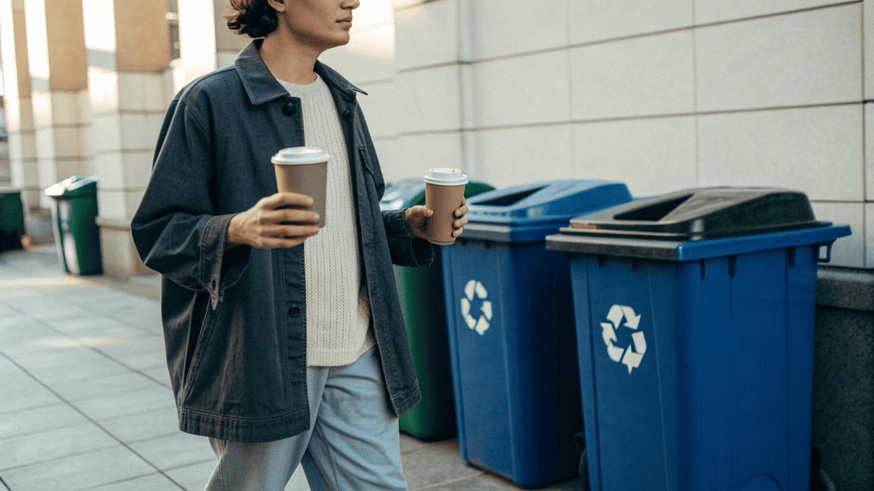 A confused person stands in front of recycling bins, unsure where to put their coffee cup.