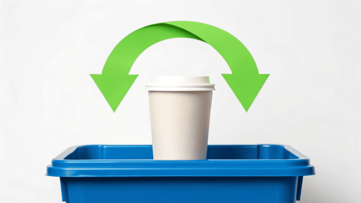 A HAOKELAO aqueous coated cup being put into a recycling bin, with a green arrow showing it becomes new paper.