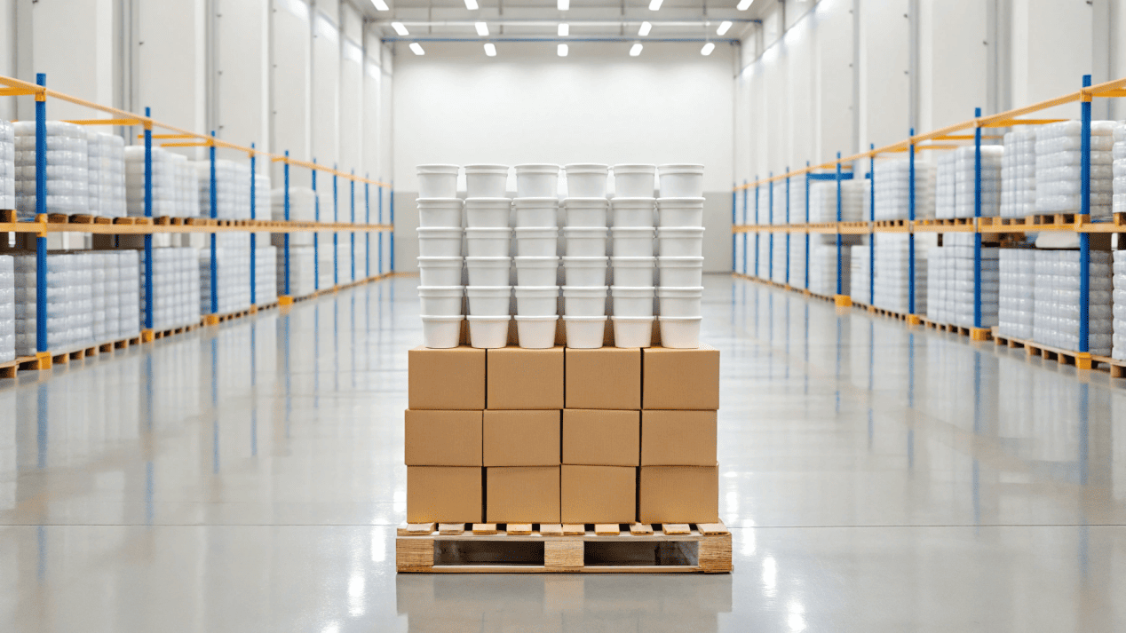 A pallet loaded with boxes of wholesale paper ice cream cups in a clean warehouse.
