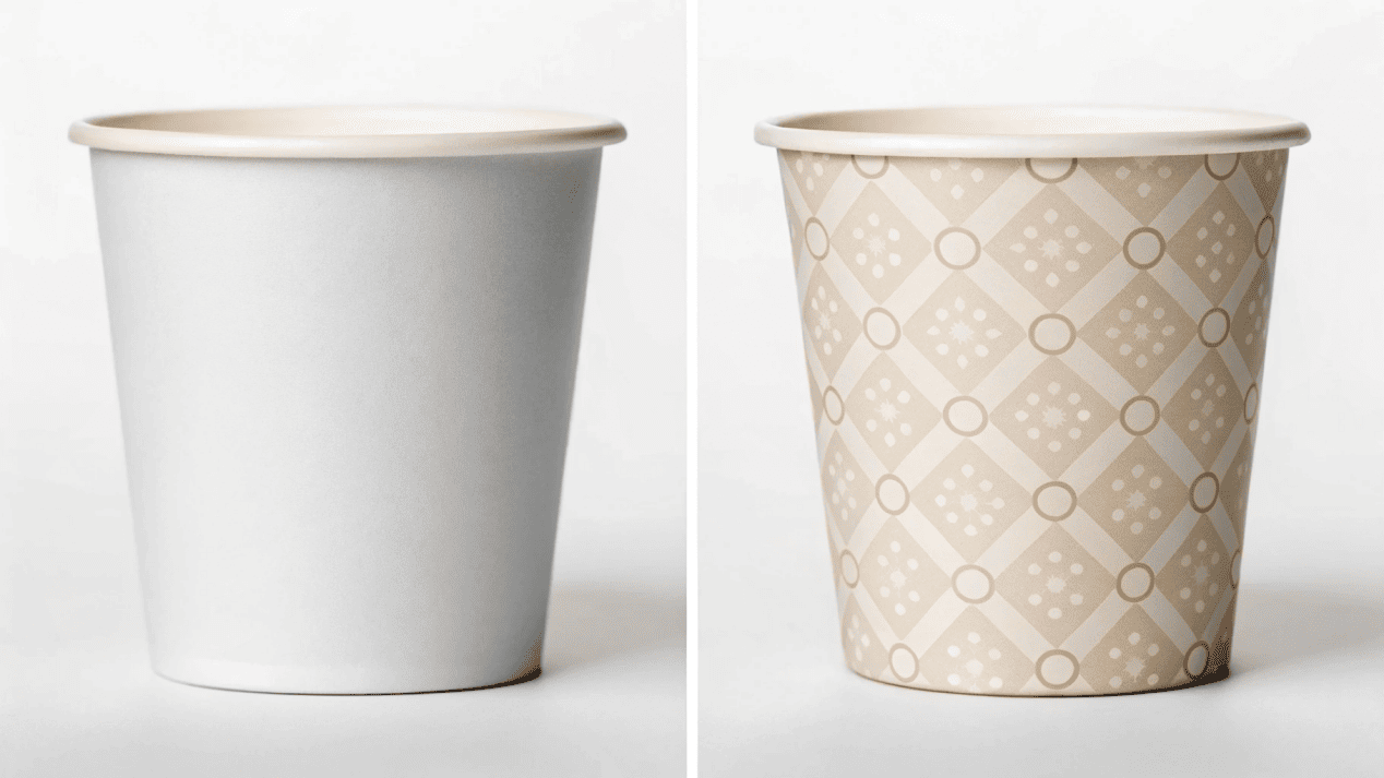 A side-by-side comparison of a PE-lined ice cream cup and a PLA-lined ice cream cup.